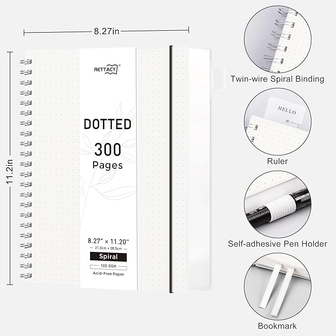 RETTACY Dotted Journal Notebook, 300 Pages, A4 Large Size (8.2'' × 11.2''), 100 GSM Thick Paper, Flexible Plastic Cover, Spiral-bound, for Journaling, Planning, Tracking (Transparent)