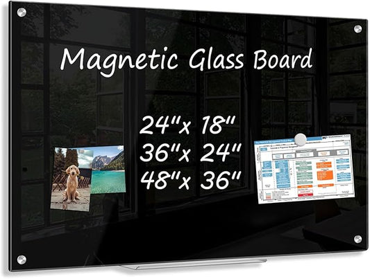 Black Dry Erase Board, 24" x 18" Magnetic Large Black Glass Board Frameless Wall Mounted Glass Whiteboard for Office, School & Home with 1 Acrylic Marker Tray & 3 Strong Magnets