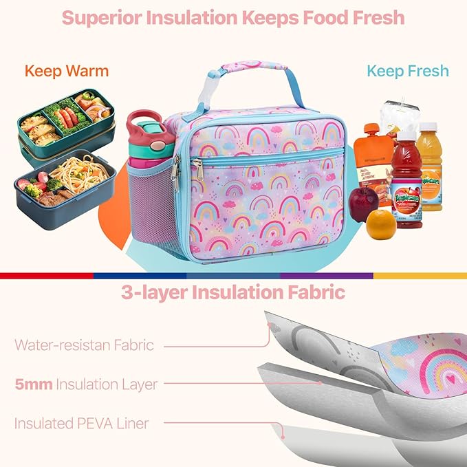 Bagseri Kids Lunch Bag Girls - Thermal Insulated Lunch Box Tote with Water Bottle Holder, Reusable Leak-Proof Kids Lunch Box for Daycare & School, Pink Rainbow (Containers Not Included)
