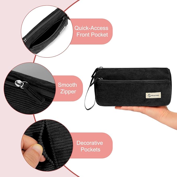 FINPAC Pencil Case, Corduroy Triangle Makeup Bag Kawaii Pen Bag Pouch | Pencil Holder Box Organize for Study, Office, or Travel, Black