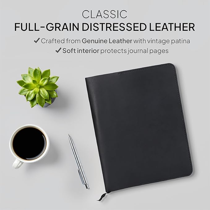XL Leather Journal Cover 7.5 x 9.5 Inch – Refillable Genuine Leather Cover for Composition Notebook, Planner & Diary – Handmade Protective Travel Writing Case, Black