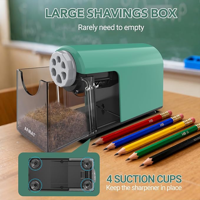 AFMAT Electric Pencil Sharpener for Classroom, 6 Holes, Cordless & Rechargeable, Fast Sharpen, Auto Stop, 10K+ Uses, Heavy Duty Pencil Sharpener for 6-11mm No.2/Large/Colored Pencils PSD2(Green)