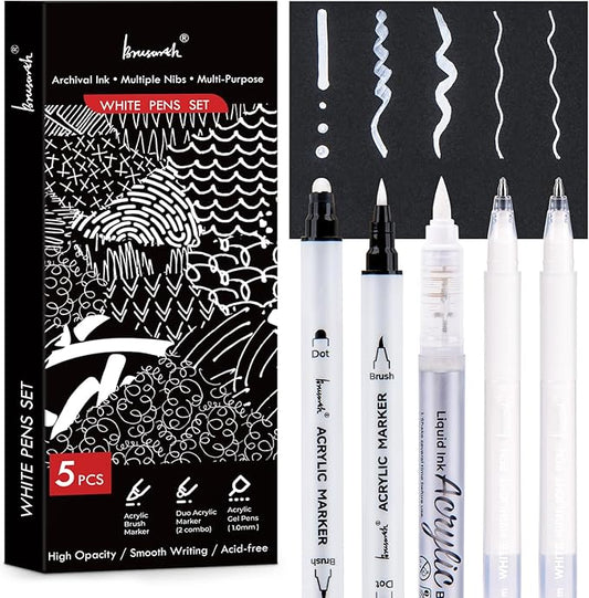 Brusarth White Pens Set, 5 Pack, 1mm White Gel Pens, Dual-Tip Acrylic Paint Pen, Brush Tip Acrylic Markers for Black Paper Drawing, Sketching, Illustration, Card Making, Bullet Journaling