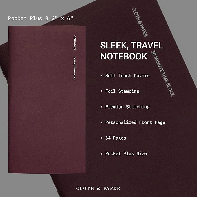 Cloth & Paper Travel Notebook | Time Blocking Planner – Bordeaux | Pocket Plus Daily Schedule Planner 3.2" x 6" | 30 Minute Time Block Layout for Planning, Scheduling & Productivity – Soft Touch Cover