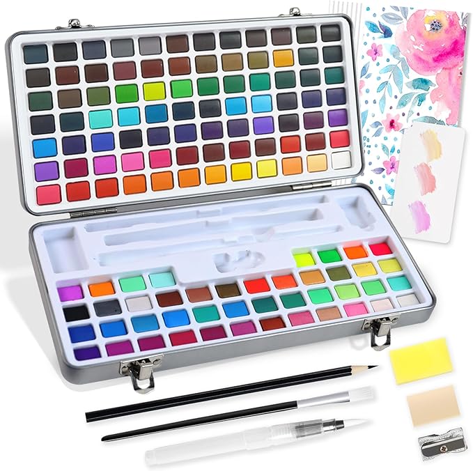 128 Colors Watercolor Paint Set, Including 84 Regular, 36 Metallic, and 8 Fluorescent Colors，Travel Watercolor Set with Brush and Drawing Pencil, Water Color Paint Sets for Adults Artists Beginners
