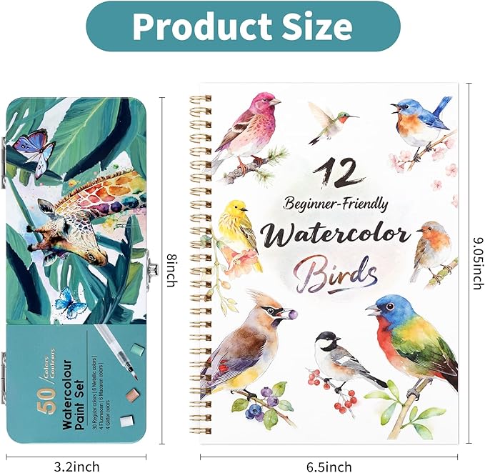Watercolor Workbook Birds, Water Coloring Book, 12 Different Patterns of Original DIY Designs, 50 Colors Watercolor Paint Set with Palette and Brush, Beginner-Friendly Watercolor Workbooks (Birds)