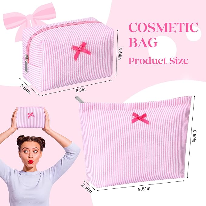 Huhumy 2 Pcs Bow Tie Makeup Bag Set, Stripe Cosmetic Pouch for Women, Seersucker Travel Toiletry Bag, Preppy Makeup Purse Pouch, Aesthetic Skincare Brushes Storage Organizer for Women Gifts(Pink)