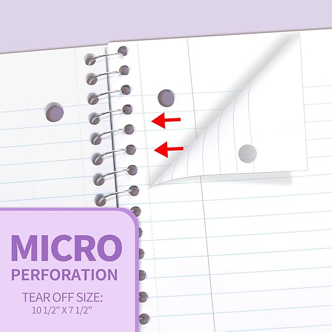 SUNEE Spiral Notebook, 1-Subject, College Ruled Paper, 8" x 10-1/2", 100 Sheets per Notebook, 3-Hole Punched Paper, Water Resistant Cover, Double-sided Pockets, Spiral Lined Notebooks for Work, Purple