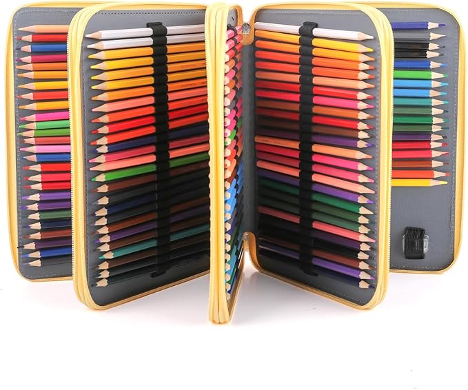 Vomgomfom 200 Slots Pencil Bag, 4-Layer Zipper Portable Art Supply Organizer, PU Leather Large Capacity Colored Pencil Case with Handle for 200 Watercolor Pens, Gel Pens (Yellow Flower)