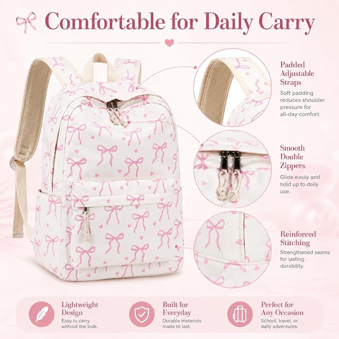 LOIDOU Backpack for Teen Girls Bookbags School Backpack with Lunch Box 2 in 1 School Bags Set (Bow Tie Beige)