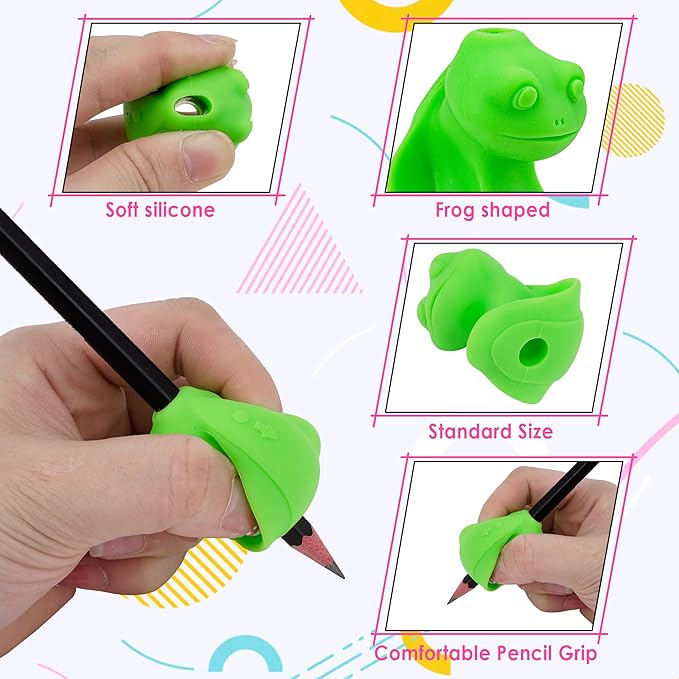 6-Pack Frog-Shaped Pencil Grips for Kids, Soft Silicone Ergonomic Writing Training Aid, Handwriting Corrector for Proper Grip Posture, Finger Grip Support for School & Home (Green)