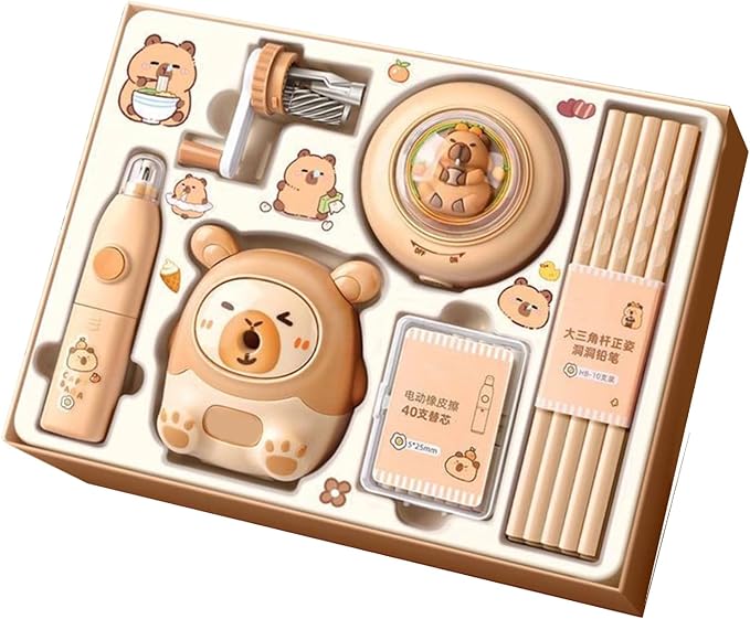 Capybara Stationery Set, Kids Stationery Kit, Colorful School Supplies for Students, Electric Eraser Pencils, Animal Pencil Sharpener, Homeschool Classroom for Elementary and Middle School