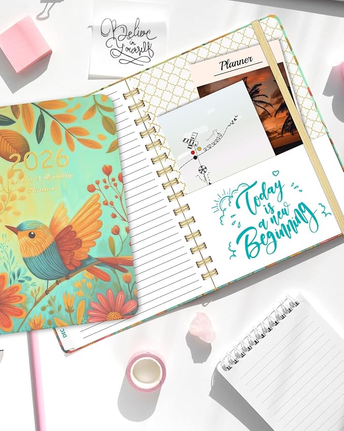 2026 Weekly and Monthly Planner - 2026 Hardcover Calendar Planner, Jan. 2026 - Dec. 2026, Daily Agenda Book with Tabs, Twin-Wire Binding, Back Pocket, School Teacher Student Supplies, A5(6.3" x 8.5") (Bird)