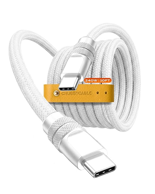 chubbycable Flex USB C to USB C Cable 240W Fast Charging Soft Braided Heavy-Duty Type C Charger 10FT for iPhone 17, MacBook Pro, Samsung Galaxy, White