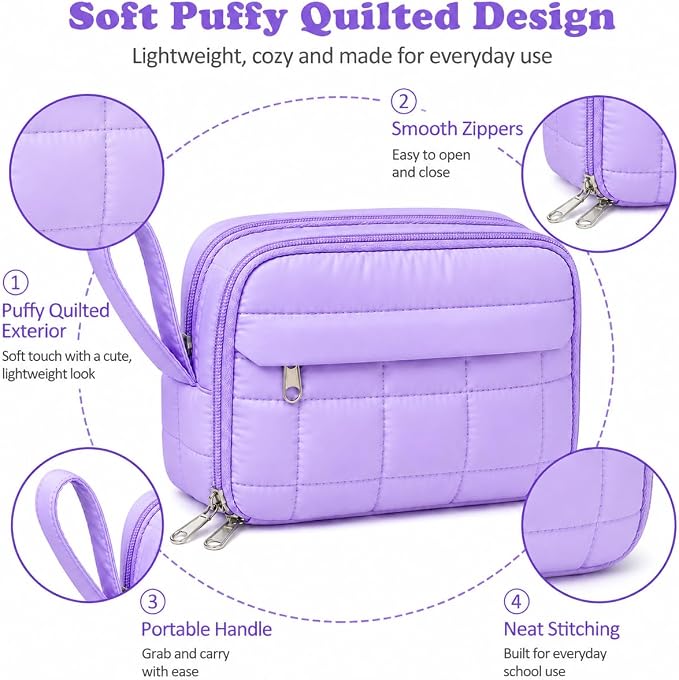 Puffer Quilted Pencil Pouch for Women, Large Capacity Organizer Bag with Multiple Compartments, Cute Aesthetic Pencil Case for Office, Travel & Daily Essentials (purple)