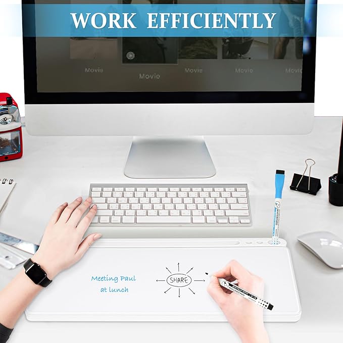 DOLLAR BOSS Glass Desk Whiteboard Small Dry Erase Board Desktop White Board with Storage Drawer Computer Keyboard Stand Desk Organizer Office Accessories Back to School Supplies with 4 Markers, White