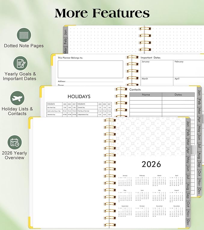 2026 Planner, Hardcover Leather Weekly and Monthly Planner, January 2026 - December 2026, Spiral Yearly Agenda Organizer Book 2026 with Tabs, Daily Calendar Planners for School Work Home, A4 (8.5" x 11"), White