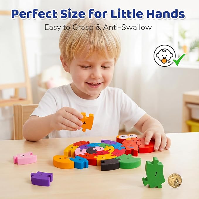 LovesTown Wooden Puzzles for Kids, Double Sided Snail Jigsaw with Alphabet & Numbers, Montessori Educational Toy for Toddlers, Chunky Animal Gift