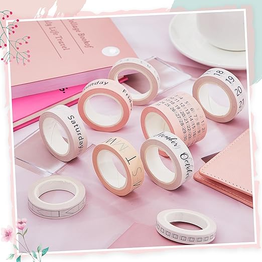 Chuangdi 9 Rolls Calendar Washi Tape Set Day Week Month Number Vintage Calendar Date Washi Masking Tape Decorative Patterned Marking for Arts Crafts Journal Planner (Light Brown, Beige, Pink)