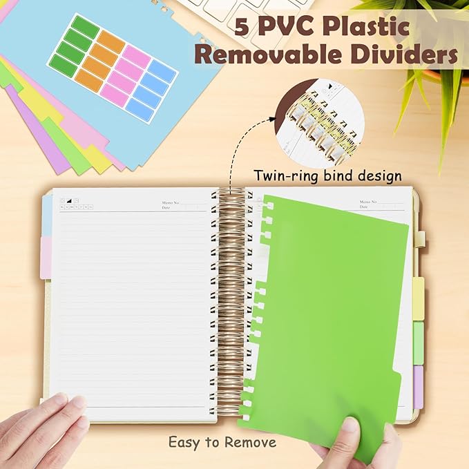 QIYVLOS Hardcover Spiral Notebook, A5 Journal with Removable Dividers Tabs, 5 Subject Notebook College Ruled, 320 Pages 6"x8" Leather Notebooks for Work School Study, Lined Journal for Women, Yellow