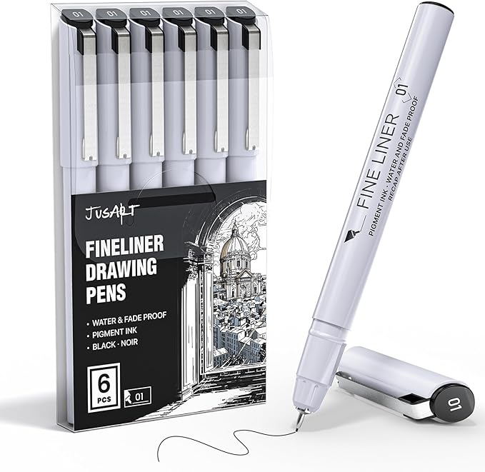 JusArt Fineliner Pens, 6 Pcs, 0.25mm Ultra Fine Point Pens 01, No Bleed, Waterproof Black Pigment Ink Pens for Artists, Beginners, Illustration, Writing, Journaling, Crafters, Technical Drawing Pens