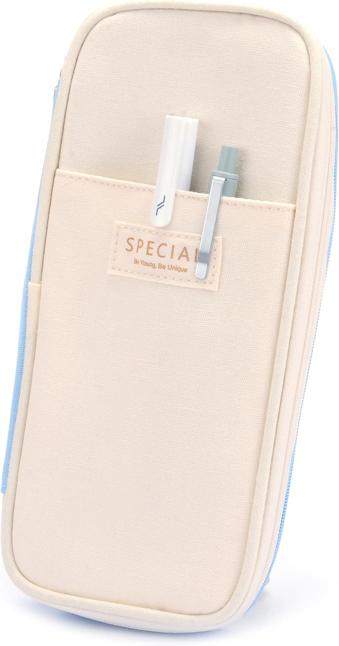 Large Capacity Canvas Pencil Case Organizer Holder Pouch Bag with Zipper Compartments, Pen Cases for Women Girls School Adults (Beige/Blue)