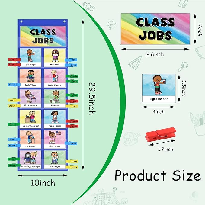 ABCxGOOD Class Jobs Pocket Chart Class Management Educational Pocket Chart Teacher's Helper, Preschool Classroom Must Haves Supplies, Great for Classroom Homeschool. (Blue) (Blue, 29.5"*10")