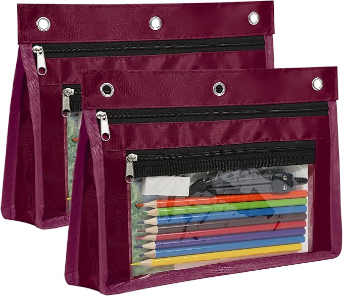 YoeeJob 2 Pack Expandable Pencil Pouches for 3 Ring Binders, Wine-red | 1-inch expansion, 2 clear PVC pockets, 3 holes, large-capacity storage for school and office supplies.