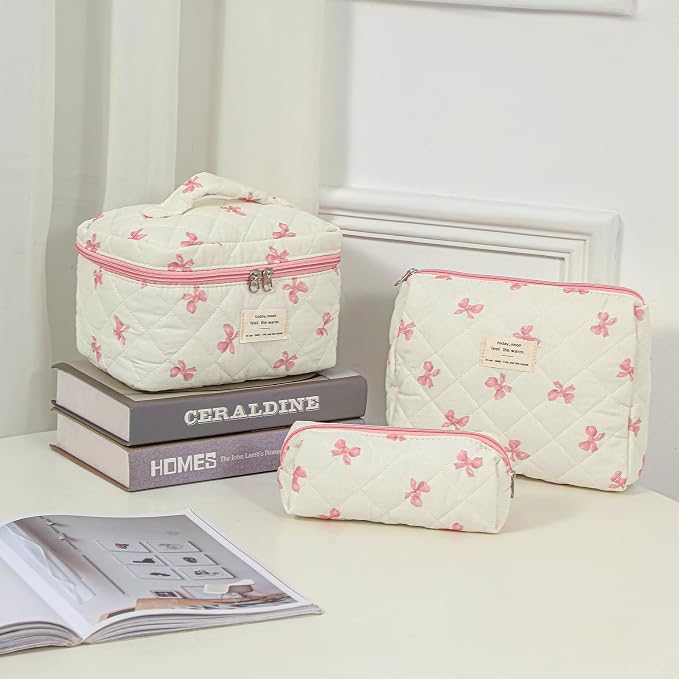 uekeboag Large Travel Quilted Makeup Bag for Women | Soft Floral Cotton Cosmetic Bag, Foldable Coquette Aesthetic Toiletry Organizer