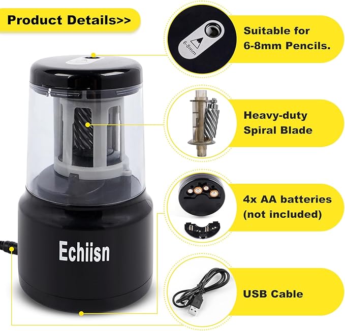 Electric Pencil Sharpener, Office Personal Super Sharp, Powerful Stall-Free Motor, 10yr Warranty, (Black)