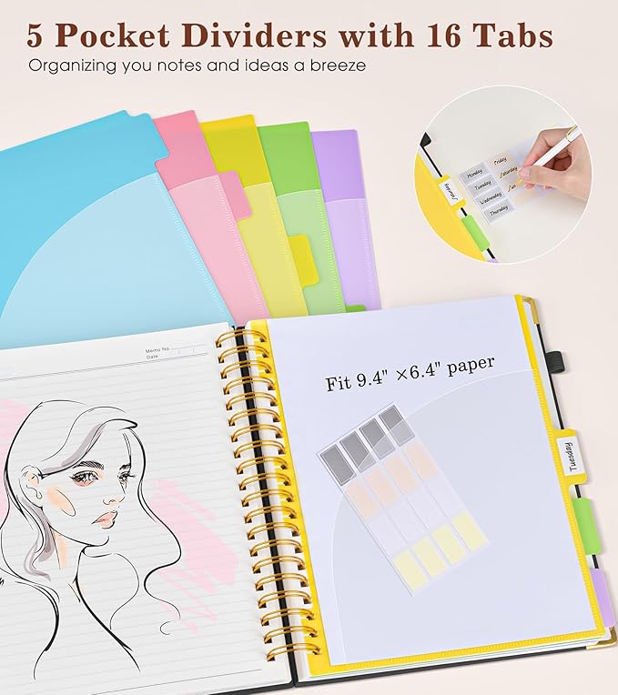 Hardcover Large Spiral Notebook journal with Removable Dividers Tabs, 300 pages Leather 5 Subject Notebook College Ruled, 8" x 10"Journal for Women Men, Notebooks for Work School Note taking,B5 Black