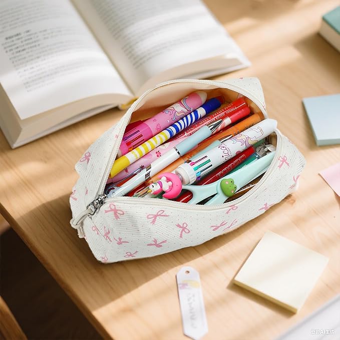 LEDAOU Cute Pencil Case for Kids Girls Boys Pencil Pouch kawaii Pen Pencil Box Bag Holder for School Students (Pink Bow)