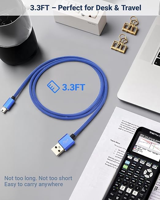 Mini USB Charger Cable for Texas Instruments Calculators, TI-84 Plus CE, TI-84 Plus C Silver Edition, TI-Nspire CX CAS, USB Charging & Data Sync, Nylon Braided 3.3FT (Blue)
