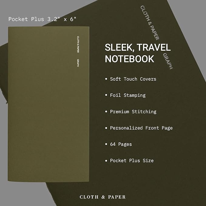 Cloth & Paper Travel Notebook | Graph Notebook – Olive | Pocket Plus Grid Paper Notebook 3.2" x 6" | Graph Layout for Notes, Diagrams, Lists & Structured Planning for Work or Study – Soft Touch Cover
