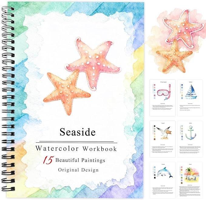 SLWBZ Watercolor Workbooks Coloring Book, Beginner Friendly Painting Kit, Detailed Steps, Creative Exploration Watercolor Book with Paint Set for Adults Teens (Seaside, Without Paint)