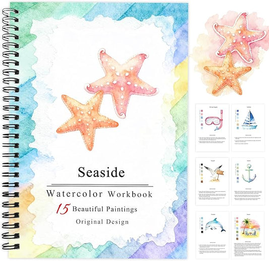 SLWBZ Watercolor Workbooks Coloring Book, Beginner Friendly Painting Kit, Detailed Steps, Creative Exploration Watercolor Book with Paint Set for Adults Teens (Seaside, Without Paint)
