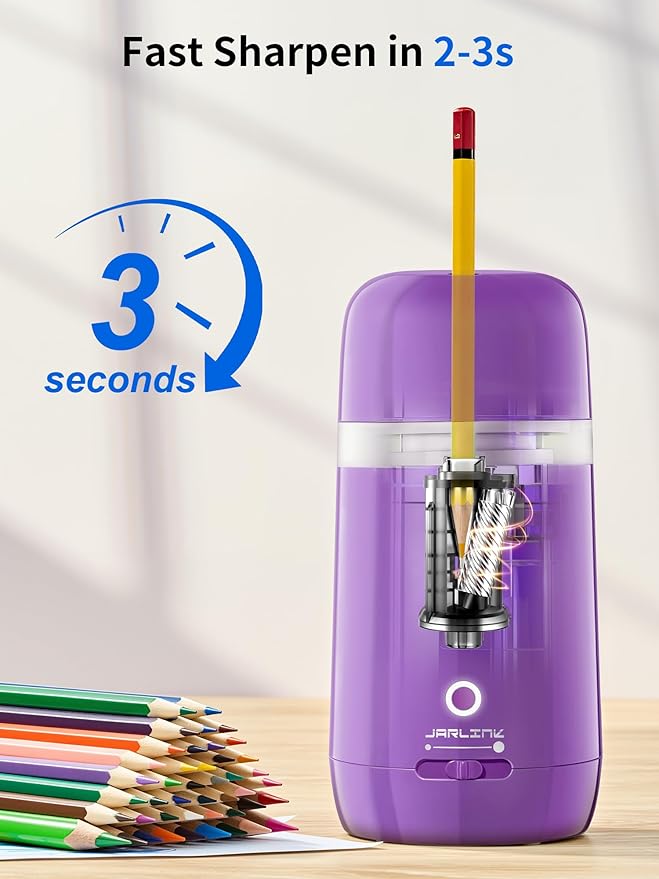 JARLINK Automatic Electric Pencil Sharpener - Hands-Free Operation, 3 Sharpness Modes, 3-Second Sharpening, Rechargeable & Portable for 7-12mm Pencils, Ideal for Classroom and Home Use (Purple)