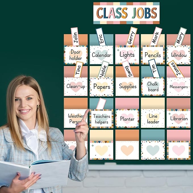 81 Piece Boho Class Jobs Bulletin Board Boho Welcome Classroom Jobs Pocket Chart Set Teacher's Helper Chalkboard Decor Classroom Bulletin Board Set Wall Decoration for Back to School