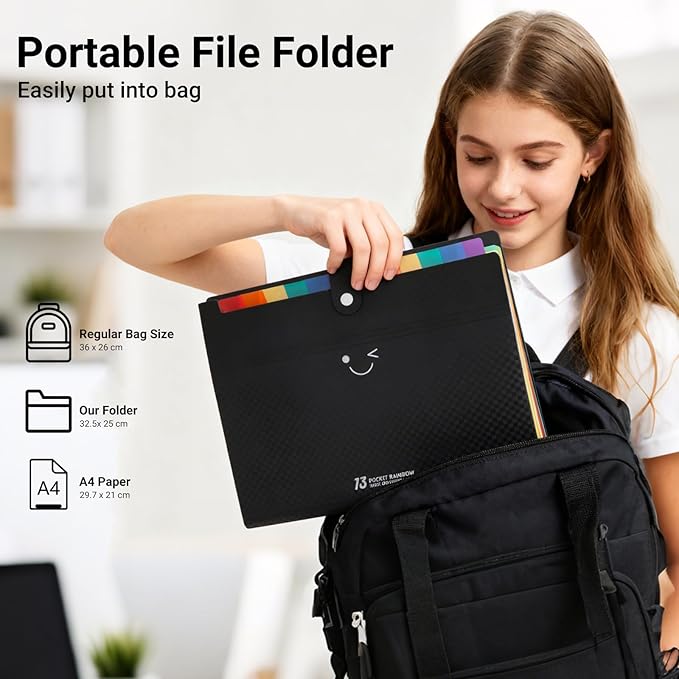 2PCS Expanding File Folder with 13 Pockets, Accordion A4 File Organizer with 160PCS Labels, Plastic Portable Receipt Paper Bill Document Organizer for School Office Supplies (Black)