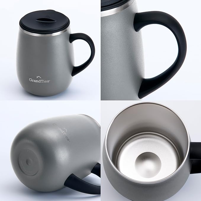 GRANDTIES Insulated Coffee Mug with Handle - Sliding Lid for Splash-Proof 16oz Wine-Glass Shape Thermal Tumbler with Double Walled Vacuum Stainless Steel to Keeps Beverages Hot or Cold-Stone Grey