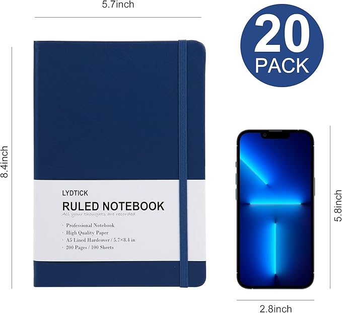 20 Pack Journals for Writing College Ruled Notebooks Journal in Bulk, Hardcover Notebooks (200Pages) for Note Talking, Lined Bullet Journals for Home School Office, 5.7"x8.4", 5 Colors