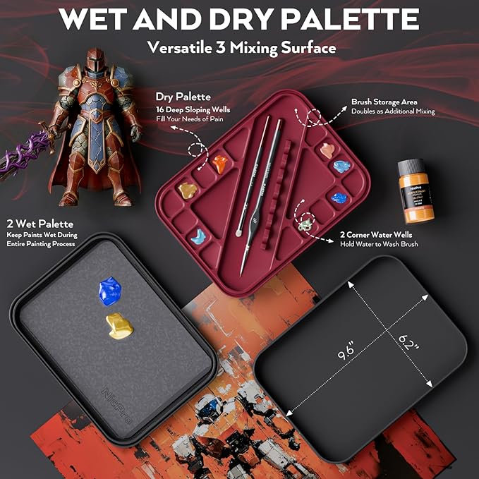 Nicpro Professional Miniature Painting Kit, Stay Wet Palette & 16PCS Detail Paint Brushes Drybrush with Nylon Bag, 100PCS Pallet Paper, 4PCS Sponge, Mixing Paint Saver Palette for Miniature Model