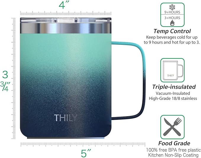 THILY Stainless Steel Insulated Travel Mug 12 oz Vacuum Insulated Coffee Cup with Handle, Spill-proof Lid, Keep Coffee Cold or Hot, for Camping or Outdoor, Green & Navy