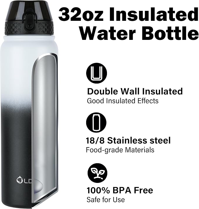 Oldley Insulated Water Bottle 32oz Water Bottles with Straw, Stainless Steel Water Bottle with 3 Lids, Double Wall Vacuum Thermo for Adults Kids,Leak-Proof Sport Bottles for School Travel, White Black