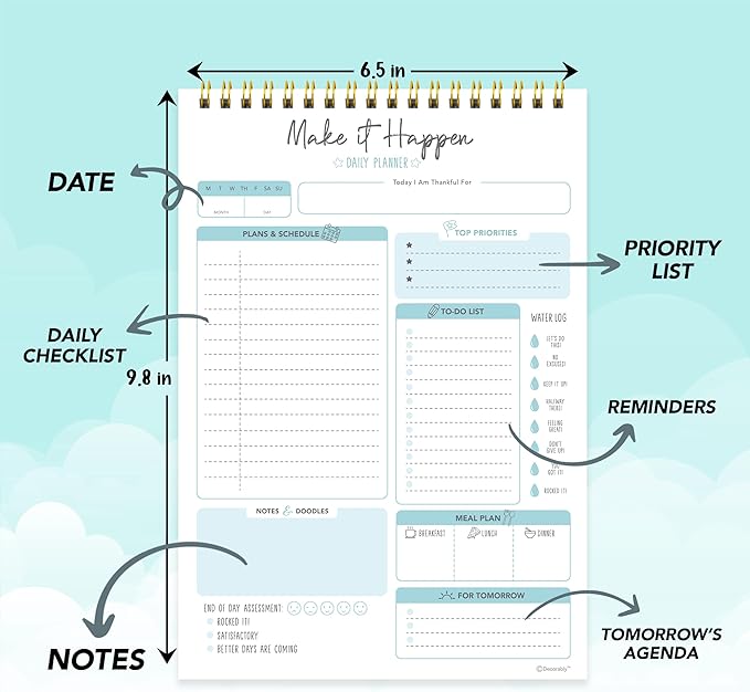 Decorably 52 Sheets Blue Undated Make It Happen Notepad - 6.5x10in Spring-Bound Daily Planner Tear Off for Schedule, Priorities, Agenda, Water Intake, Meals, Notes and Doodles - Home, Office