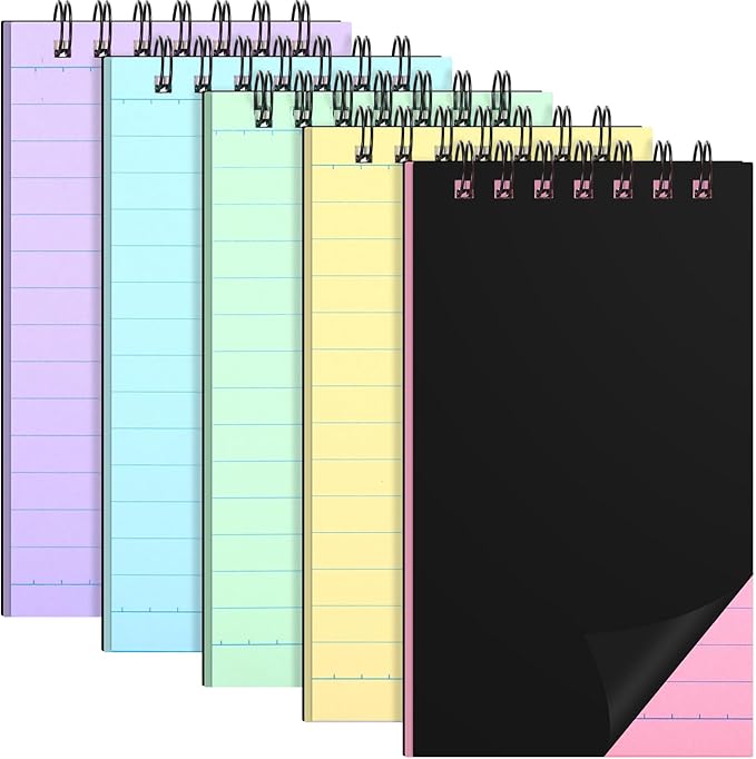 Tenceur 5 Pcs Pocket Notebook Small 3x5 Inch Black Cover 5 Color Pages Top Spiral Notepads Bound Notebook with Lined 120 Pages Mini Memo Pads for Office College Nurse Essentials Back to School Gift