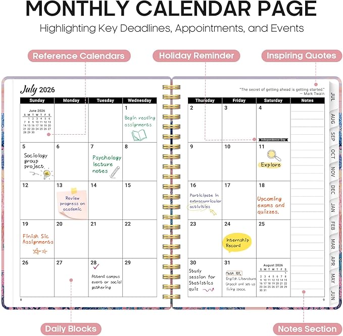 Planner 2026–2027, Academic Monthly Weekly Spiral Calendar, July 2026 – June 2027, Hardcover Agenda Notebook with Tabs, 6.3" x 8.5", Perfect for Students, Teachers, School & Daily Planning - Windmill Fields