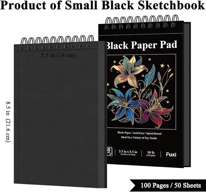 Fuxi Black Paper Sketchbook, 2-Pack - 5.5" x 8.5" | 90lb/150gsm Black Sketch Paper, 50 Sheets Per Pad