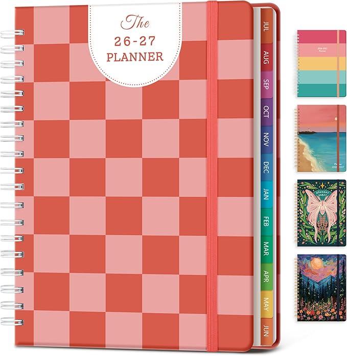 Planner 2026-2027 Monthly and Weekly Academic Planner July 2026 - June 2027, Hardcover Calendar 2026-2027 Agenda Daily Planner for Student Teacher School Office Supplies, 7.4" x 10.2", Pink Checkered