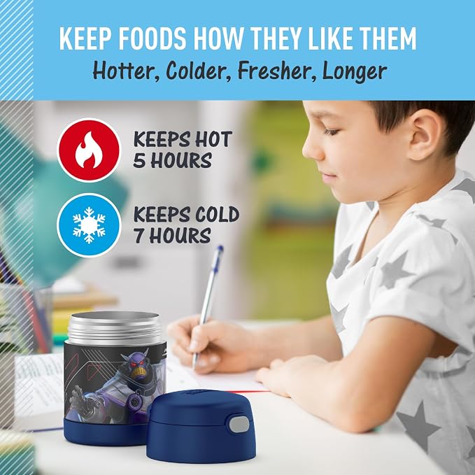 THERMOS FUNTAINER Kids Food Jar with Spoon, 10oz, Lightyear | Kid-Friendly Stainless Steel Insulated Food Container, Keeps Food Hot or Cold Longer for School & Play, BPA Free
